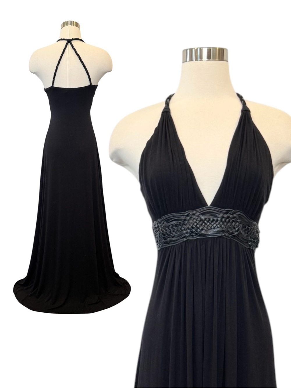SKY Stretch Knit Onyx Black Leather Braided Halter Vintage Slip Dress Maxi Gown